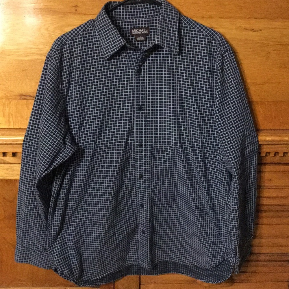 Michael Michael Kors Mens Navy Blue White Grid Cotton Button Down Shirt Large
